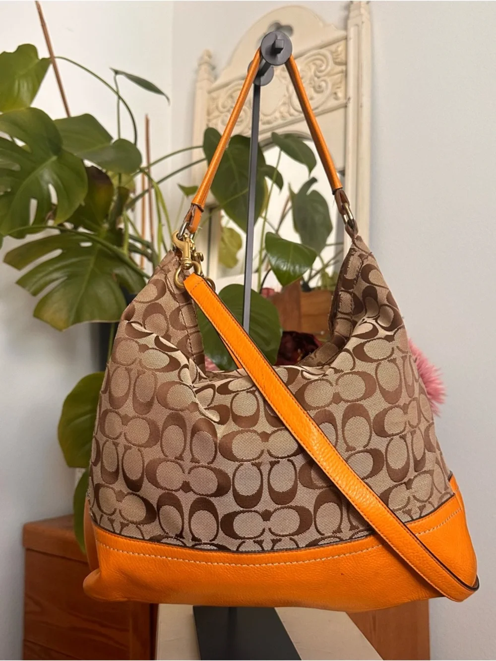 Coach Brown Signature Canvas Hobo with Orange Leather Trim